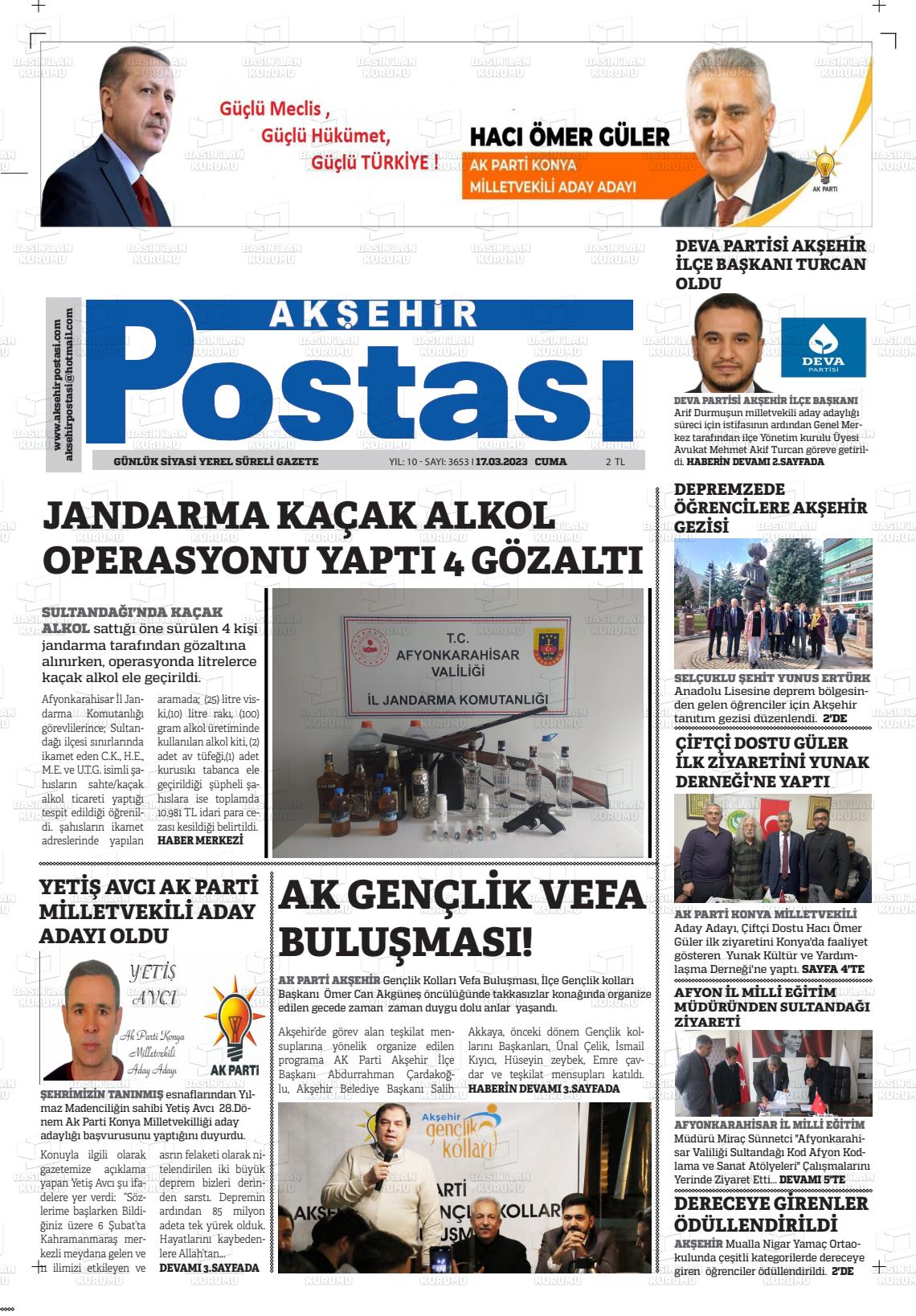 17 Mart 2023 Akşehir Postasi Gazete Manşeti