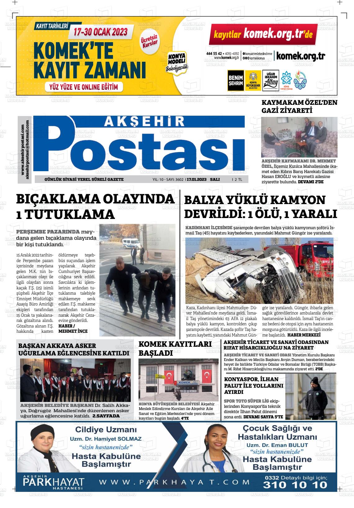 19 Ocak 2023 Akşehir Postasi Gazete Manşeti