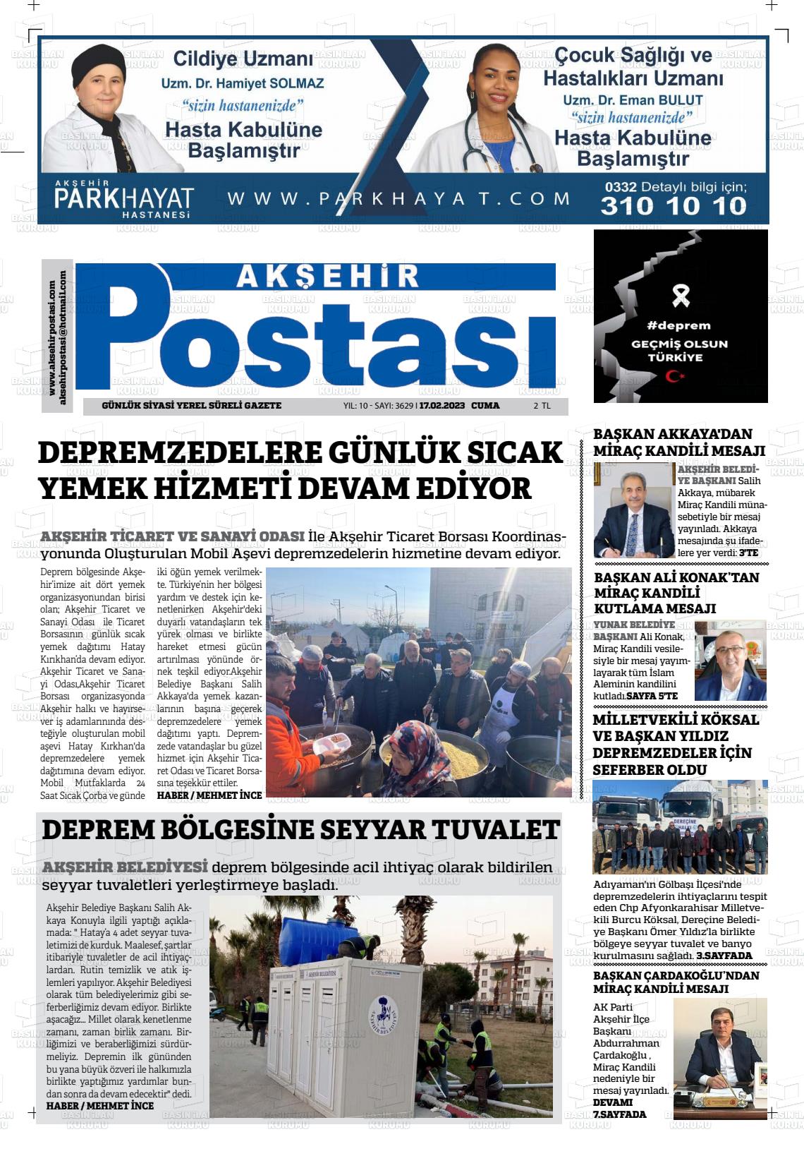 17 Şubat 2023 Akşehir Postasi Gazete Manşeti