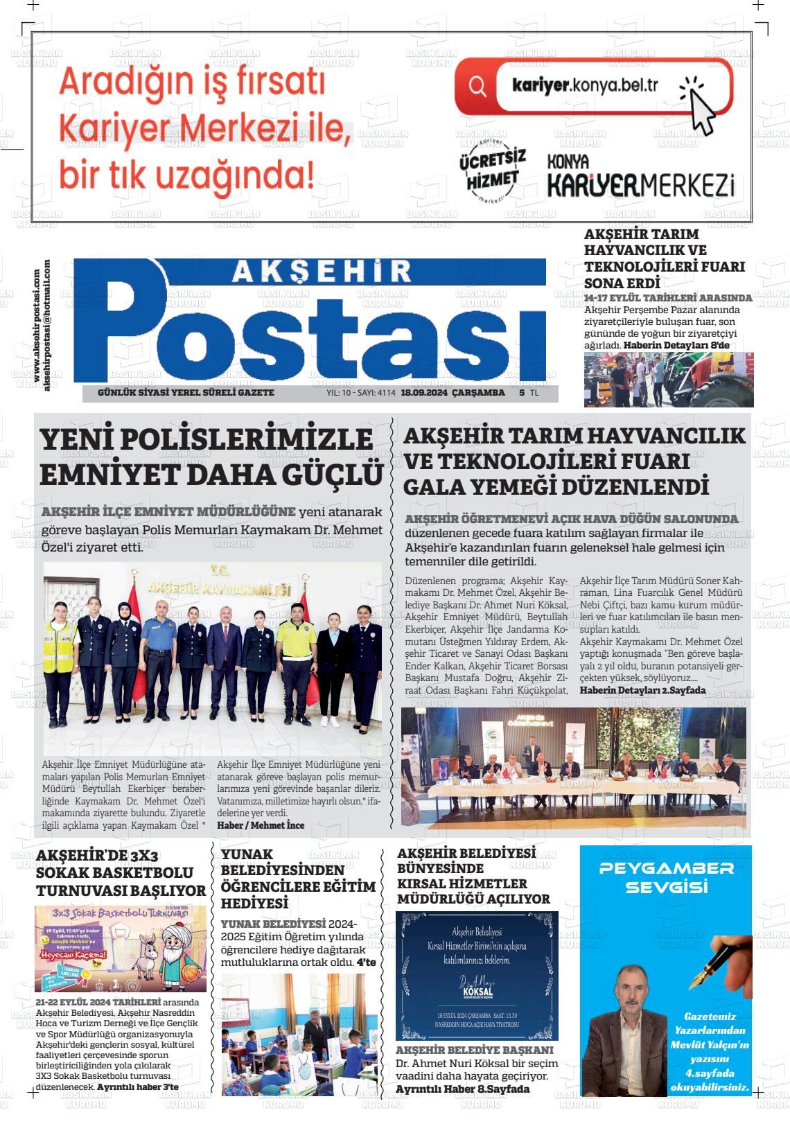 18 Eylül 2024 Akşehir Postasi Gazete Manşeti