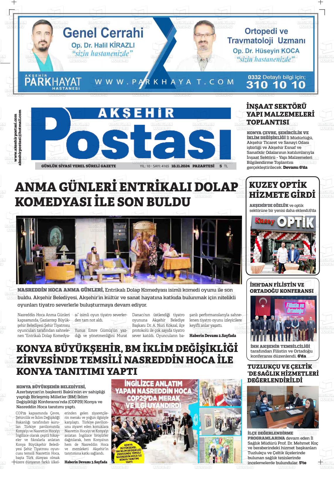 18 Kasım 2024 Akşehir Postasi Gazete Manşeti