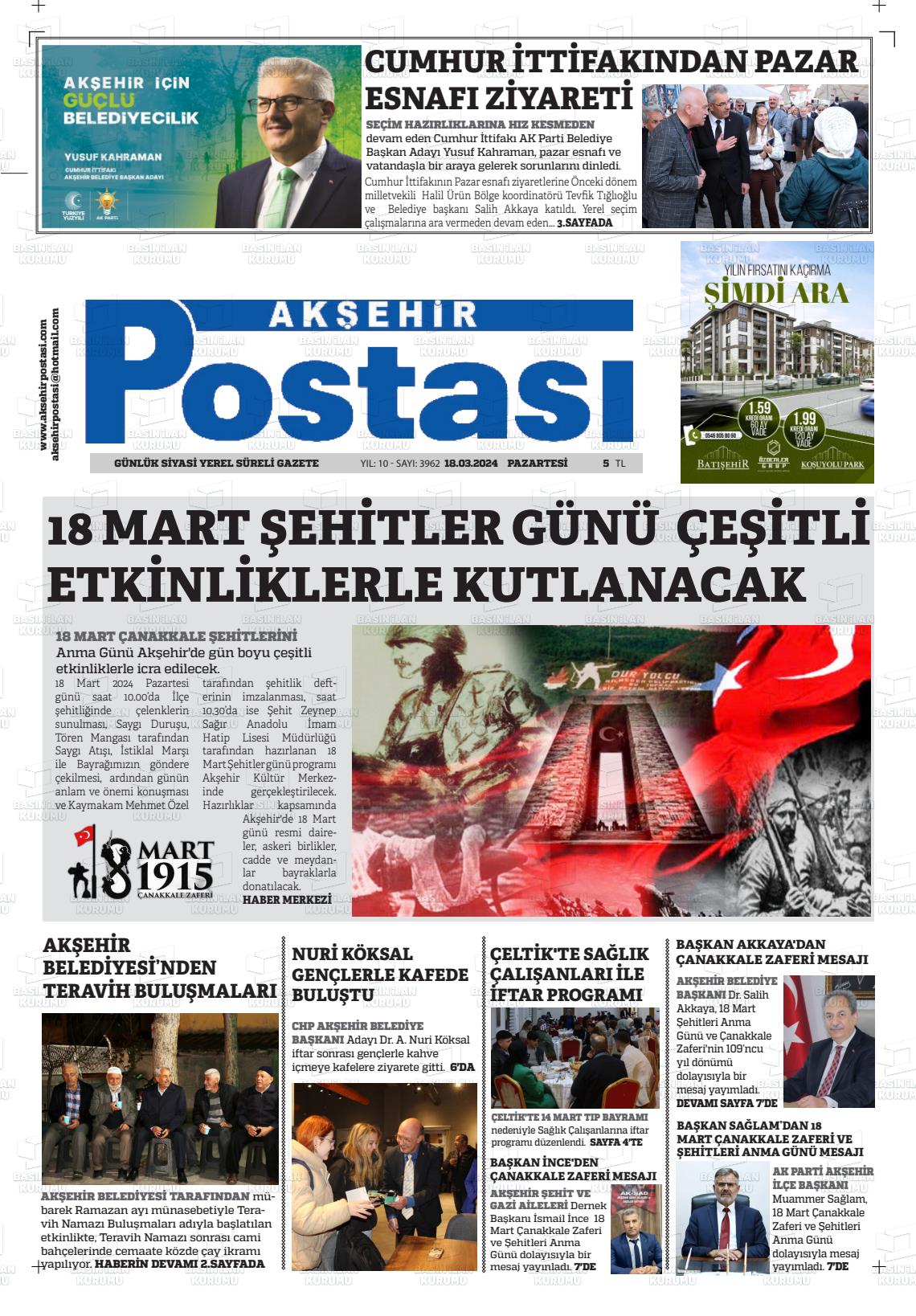 18 Mart 2024 Akşehir Postasi Gazete Manşeti