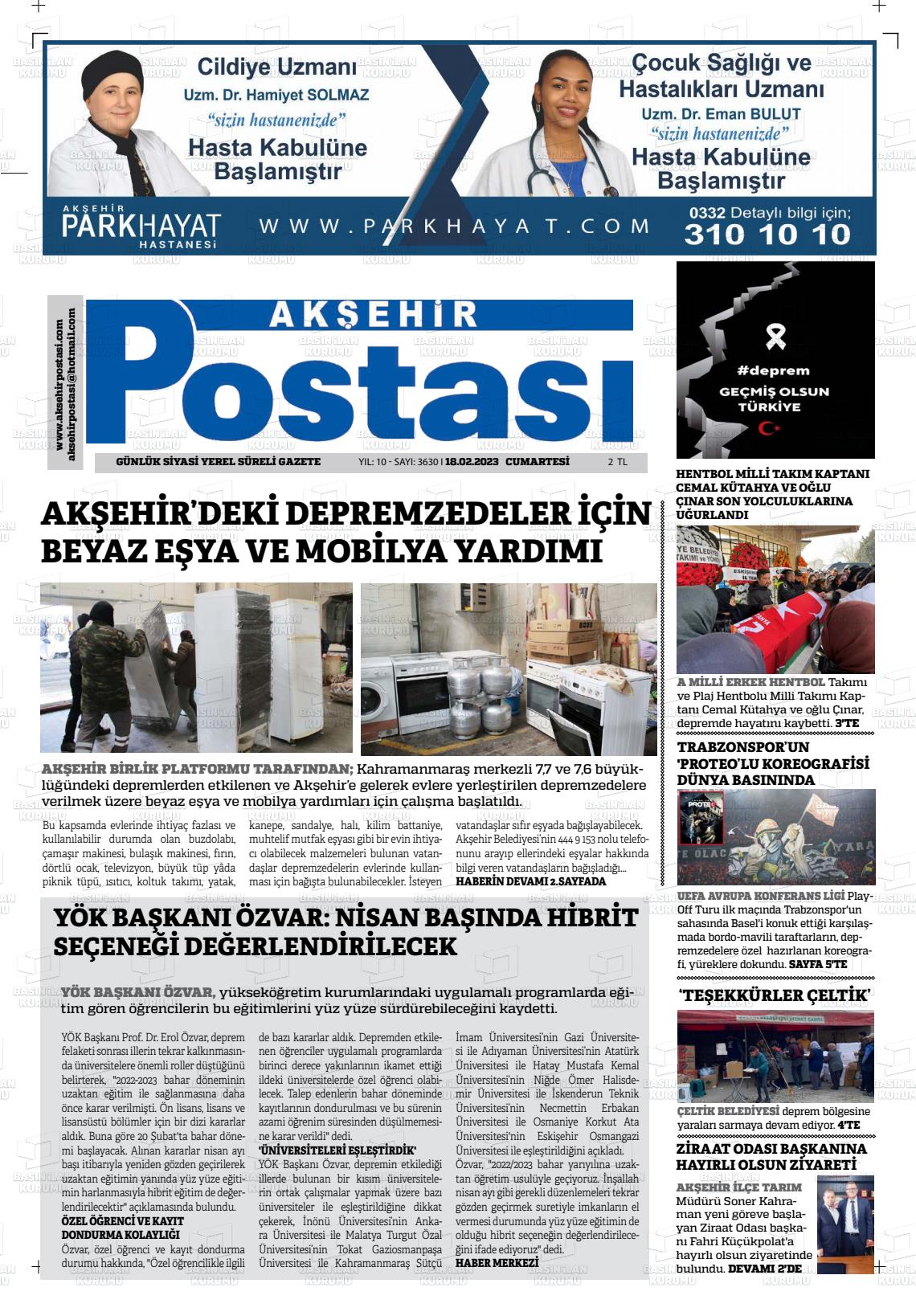 18 Şubat 2023 Akşehir Postasi Gazete Manşeti