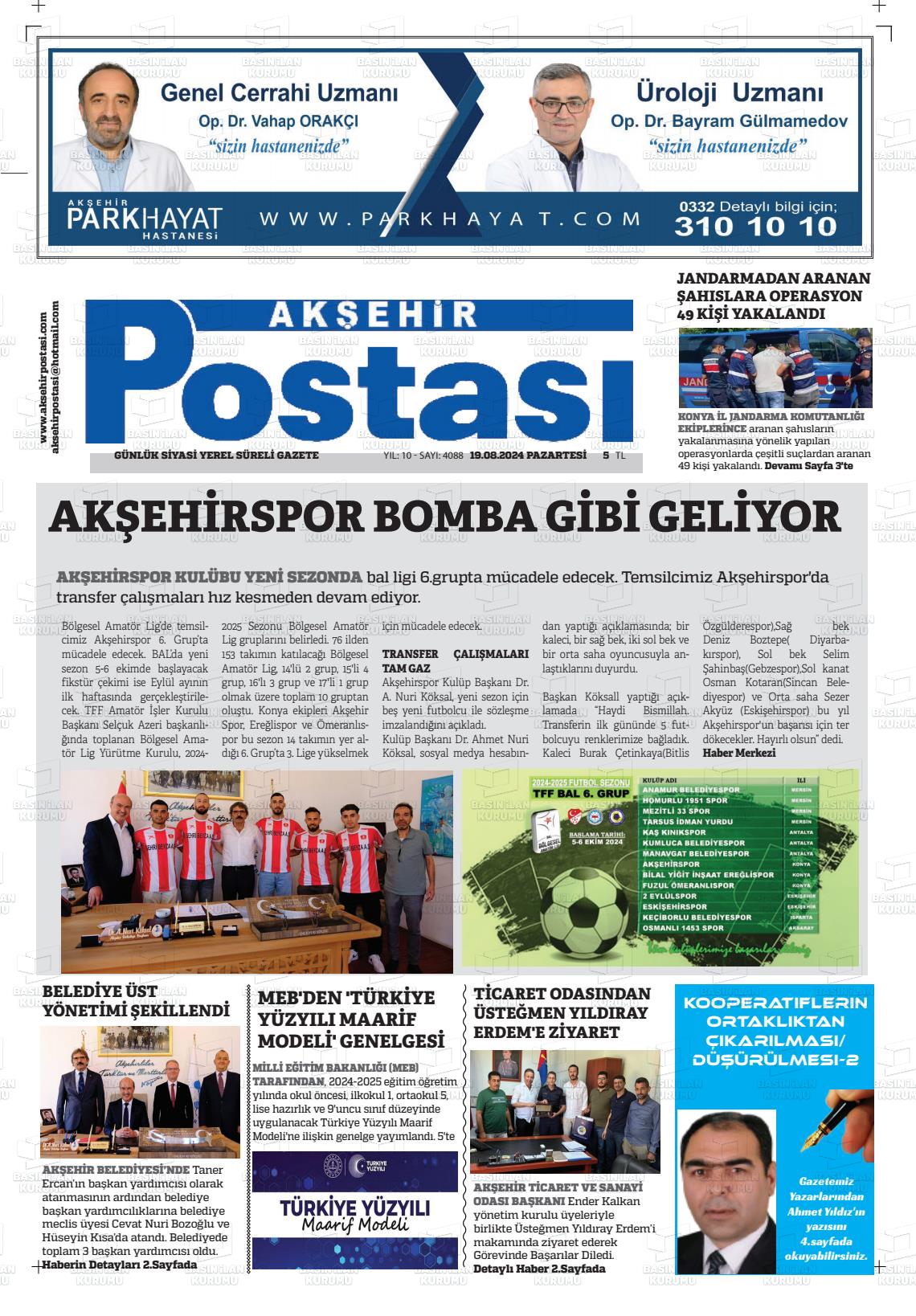 19 Ağustos 2024 Akşehir Postasi Gazete Manşeti