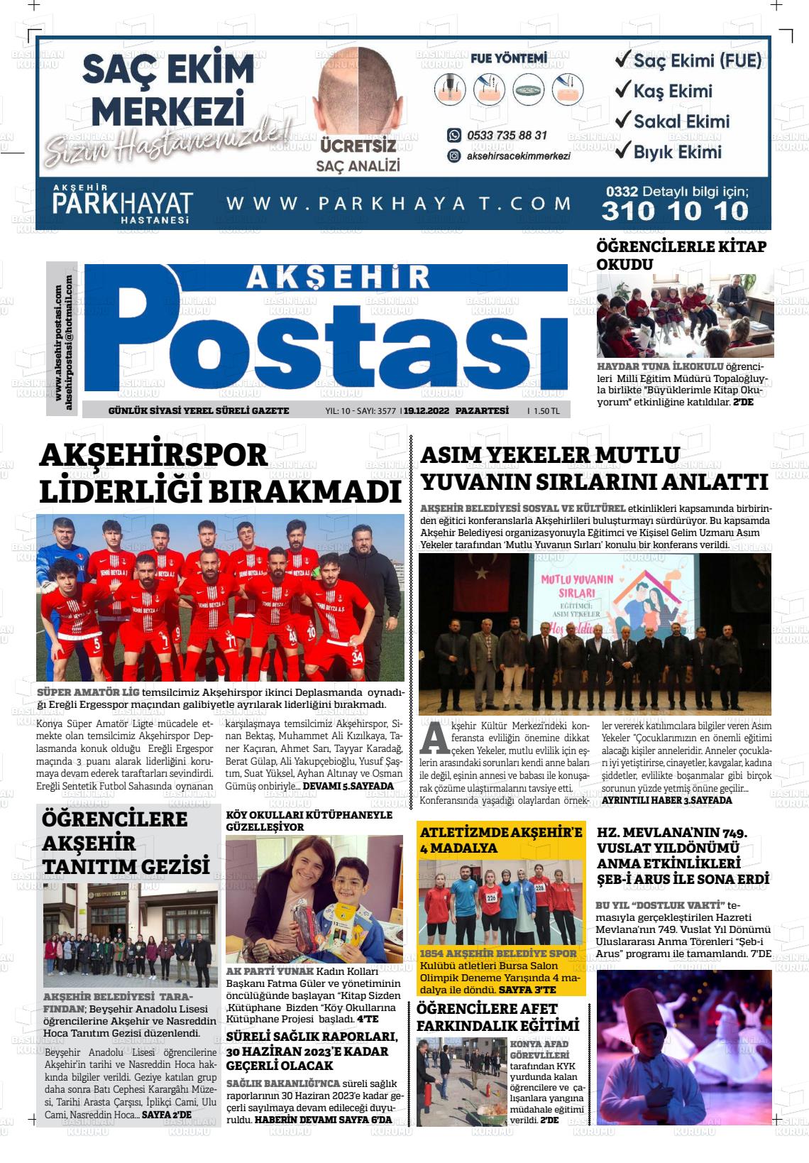 19 Aralık 2022 Akşehir Postasi Gazete Manşeti