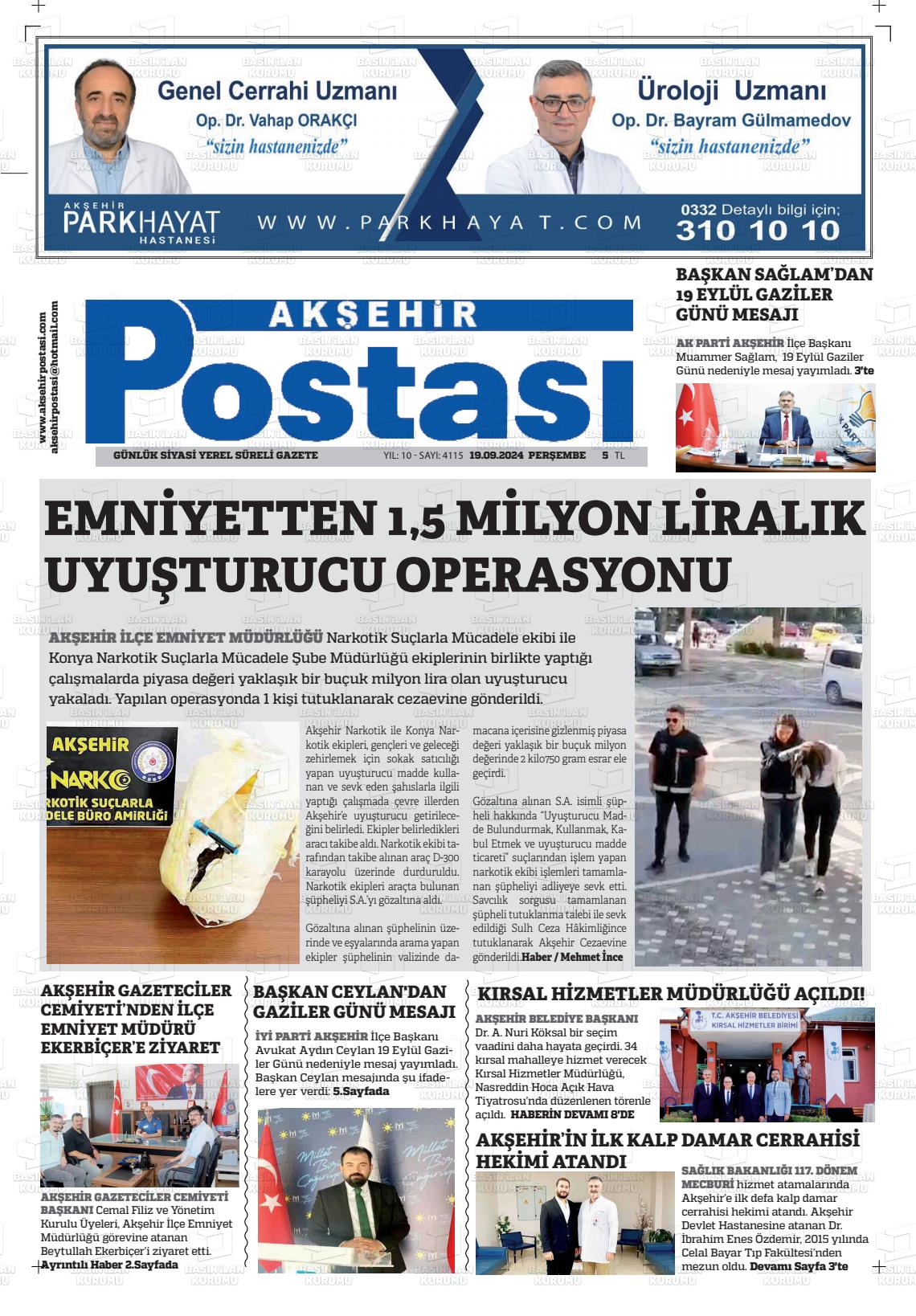 19 Eylül 2024 Akşehir Postasi Gazete Manşeti