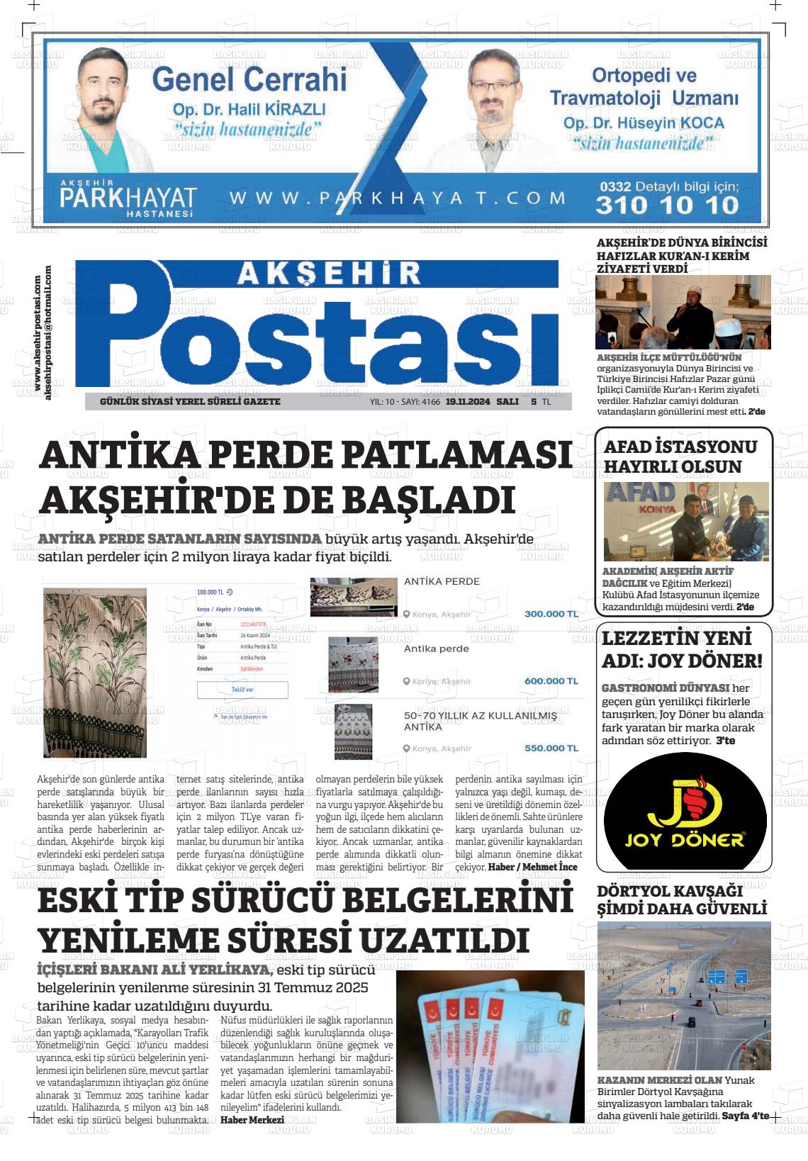 19 Kasım 2024 Akşehir Postasi Gazete Manşeti