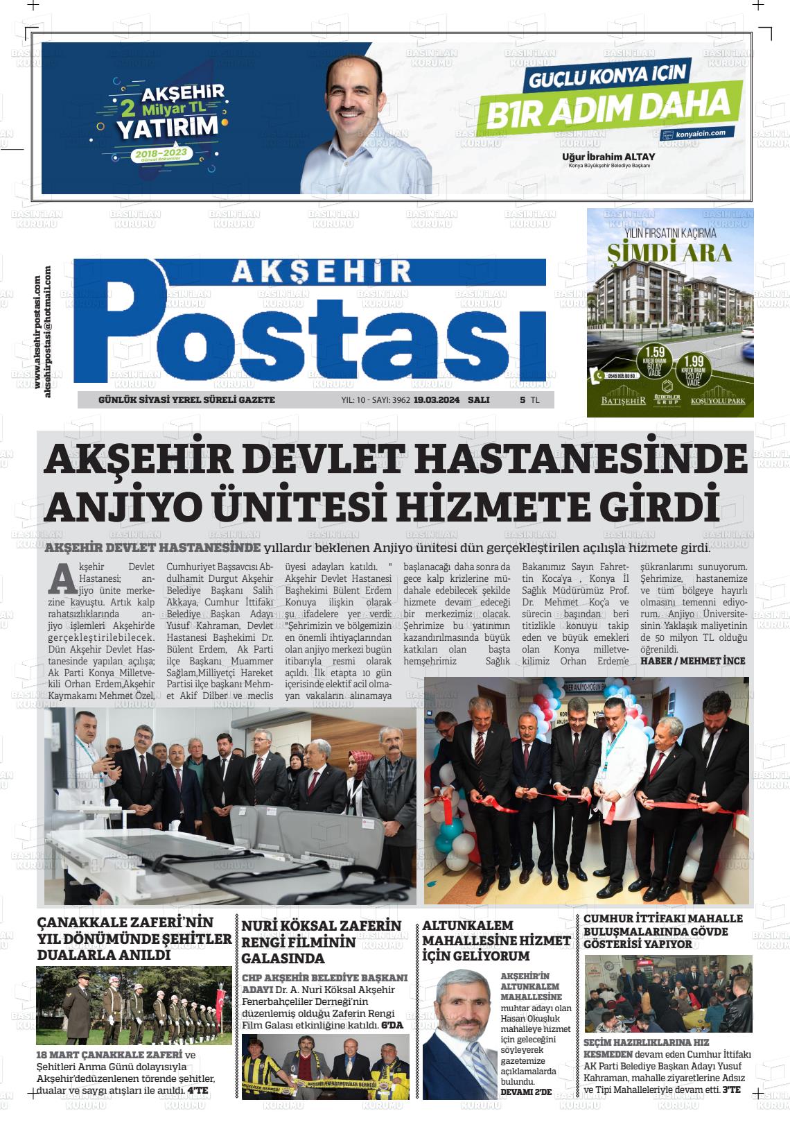 19 Mart 2024 Akşehir Postasi Gazete Manşeti