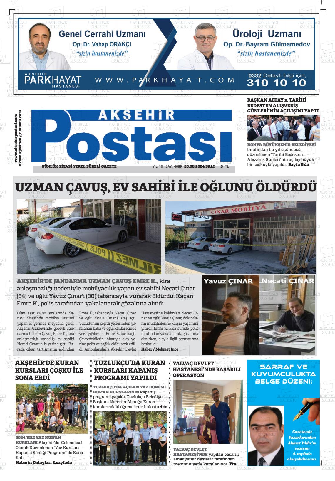 20 Ağustos 2024 Akşehir Postasi Gazete Manşeti