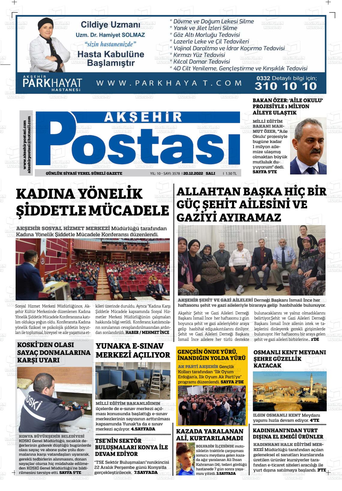 20 Aralık 2022 Akşehir Postasi Gazete Manşeti