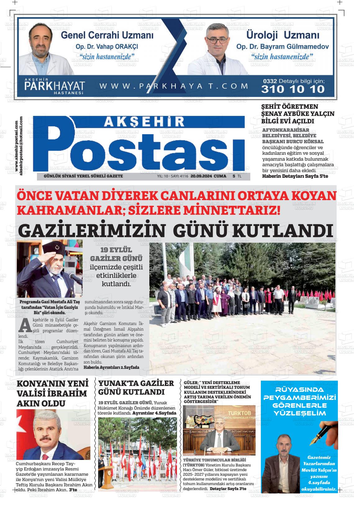 20 Eylül 2024 Akşehir Postasi Gazete Manşeti