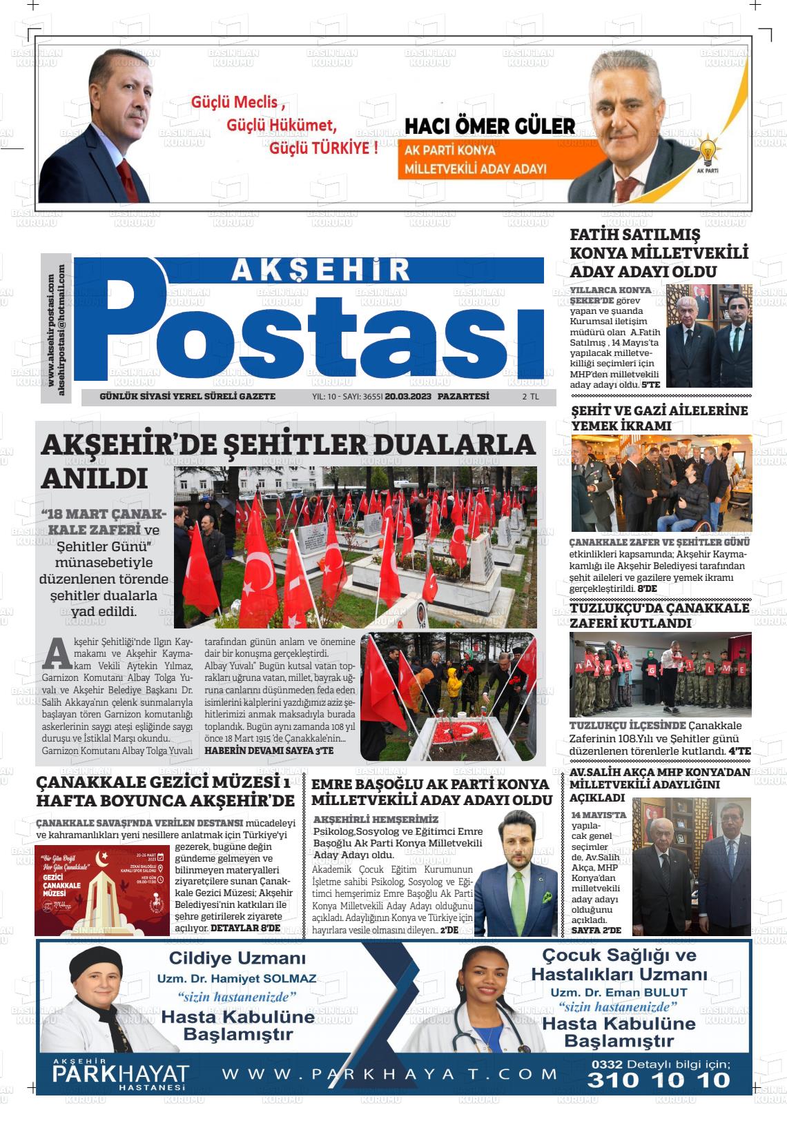 20 Mart 2023 Akşehir Postasi Gazete Manşeti