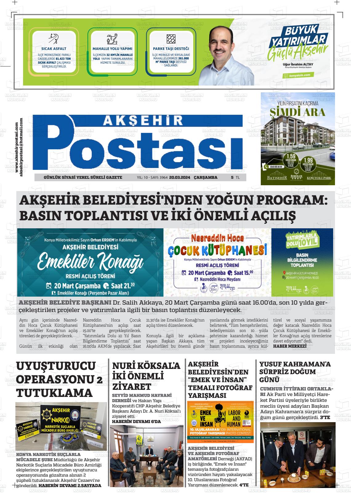 20 Mart 2024 Akşehir Postasi Gazete Manşeti