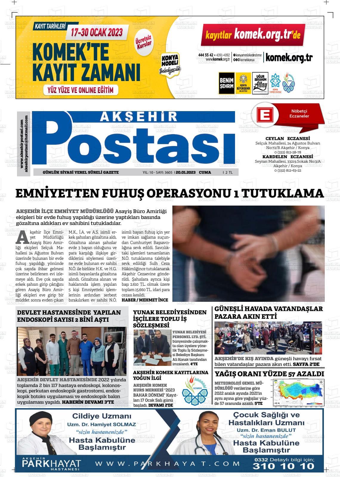 21 Ocak 2023 Akşehir Postasi Gazete Manşeti