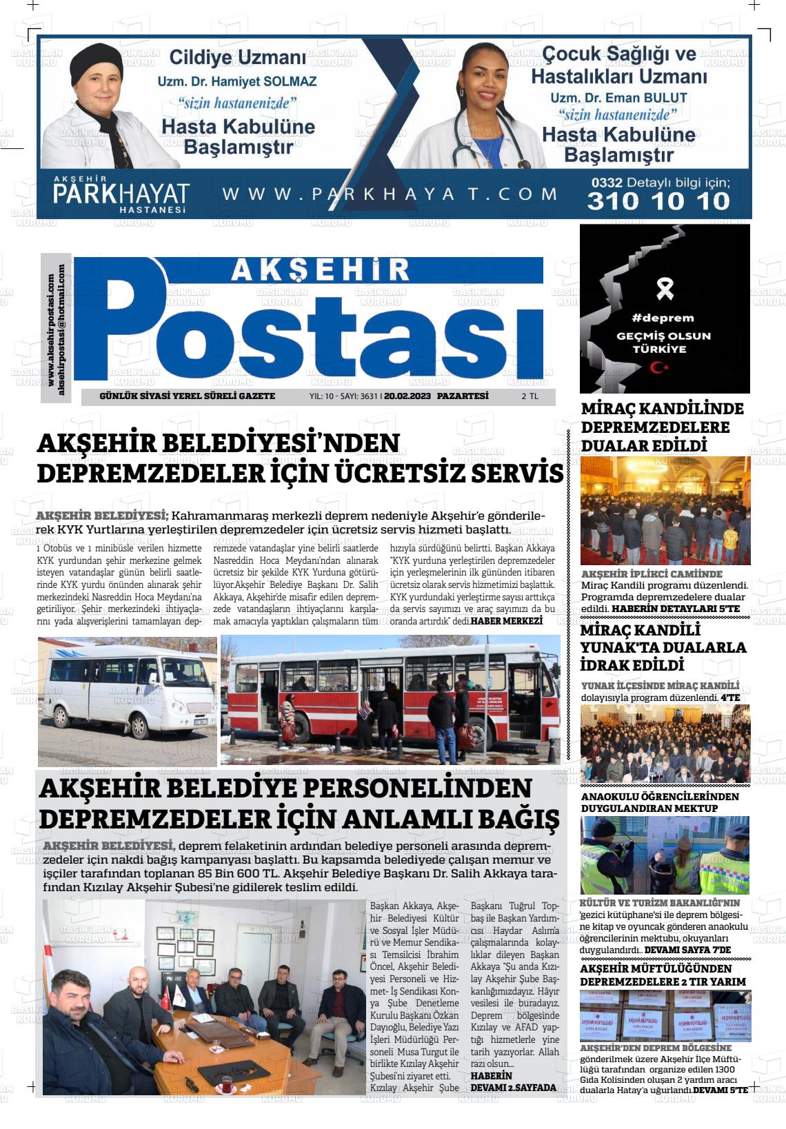 20 Nisan 2023 Akşehir Postasi Gazete Manşeti