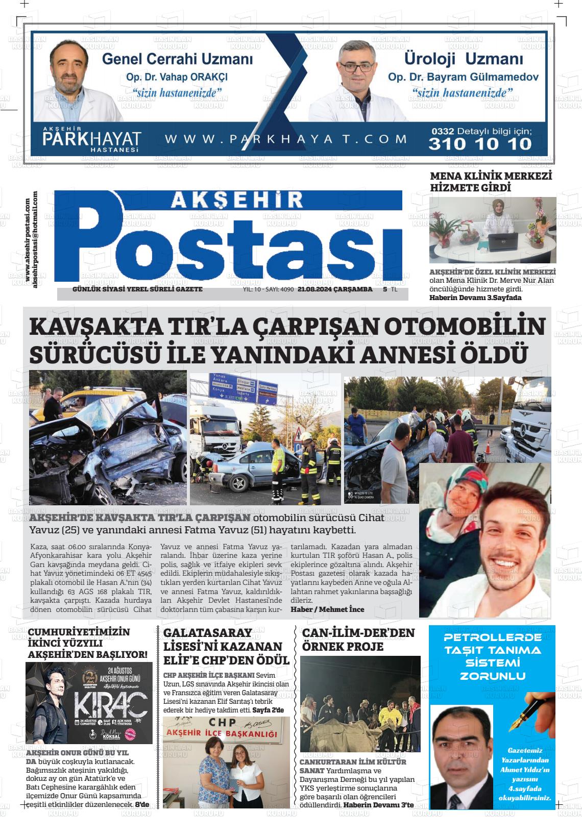 21 Ağustos 2024 Akşehir Postasi Gazete Manşeti