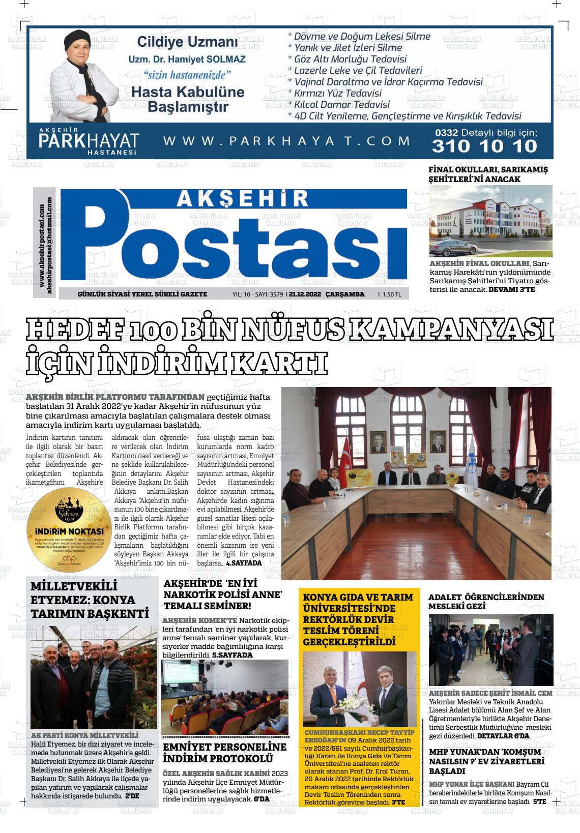 21 Aralık 2022 Akşehir Postasi Gazete Manşeti