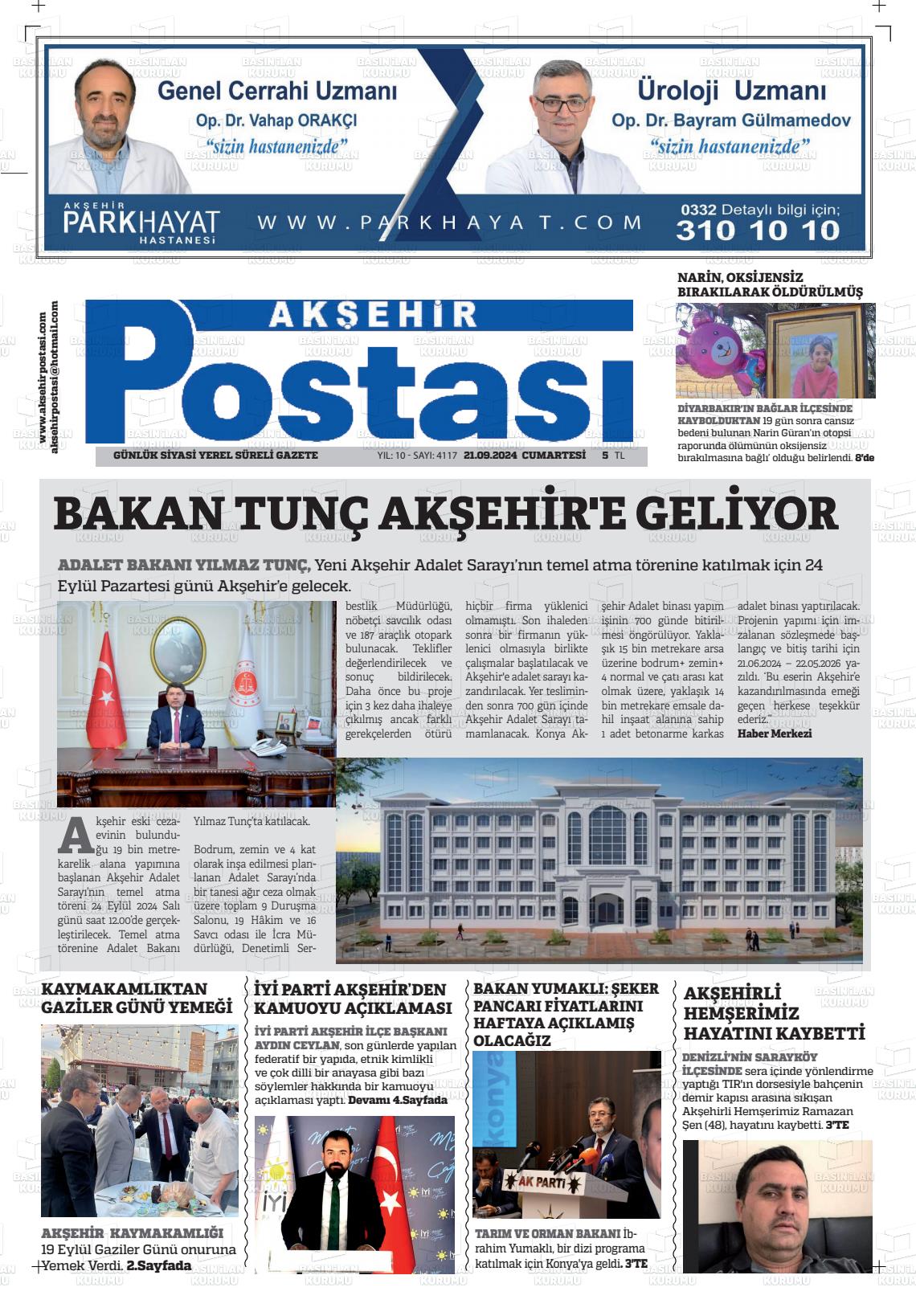 21 Eylül 2024 Akşehir Postasi Gazete Manşeti