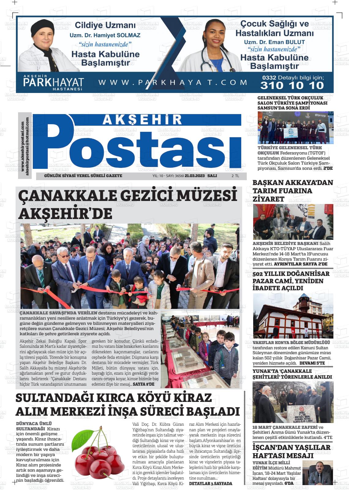 21 Mart 2023 Akşehir Postasi Gazete Manşeti