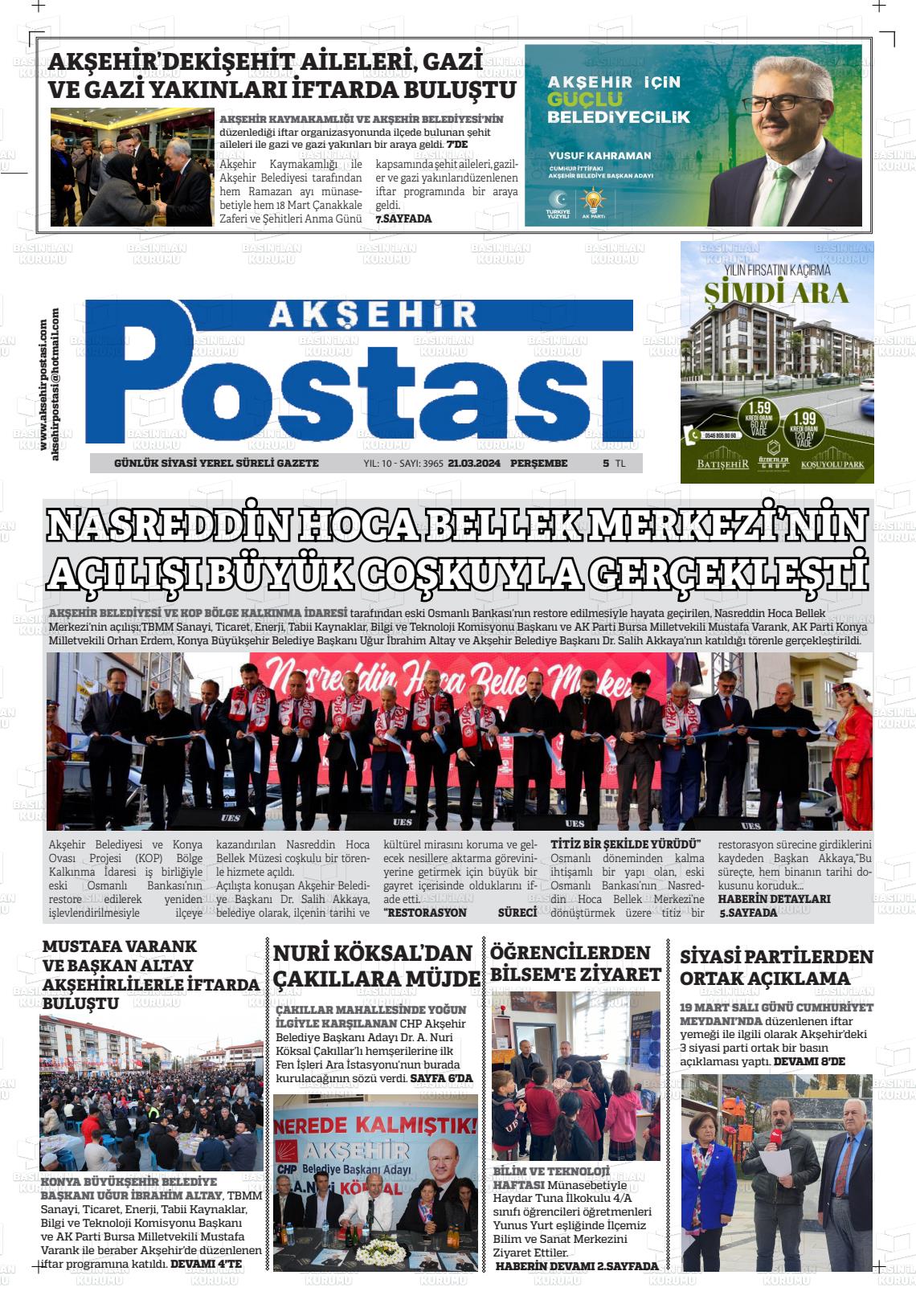 21 Mart 2024 Akşehir Postasi Gazete Manşeti