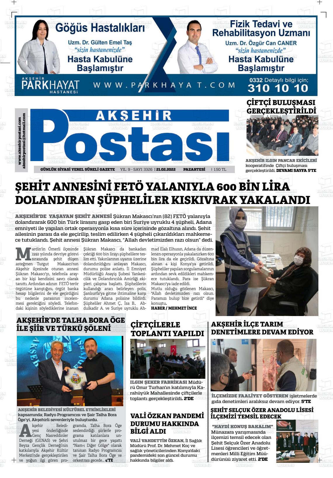 21 Şubat 2022 Akşehir Postasi Gazete Manşeti