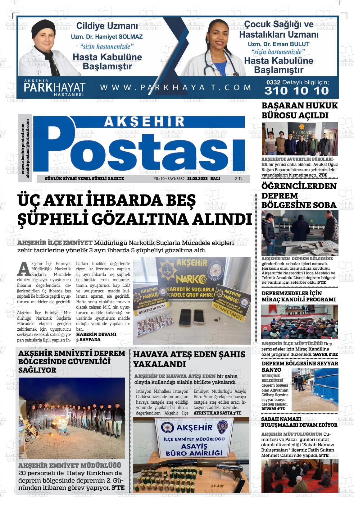 21 Şubat 2023 Akşehir Postasi Gazete Manşeti