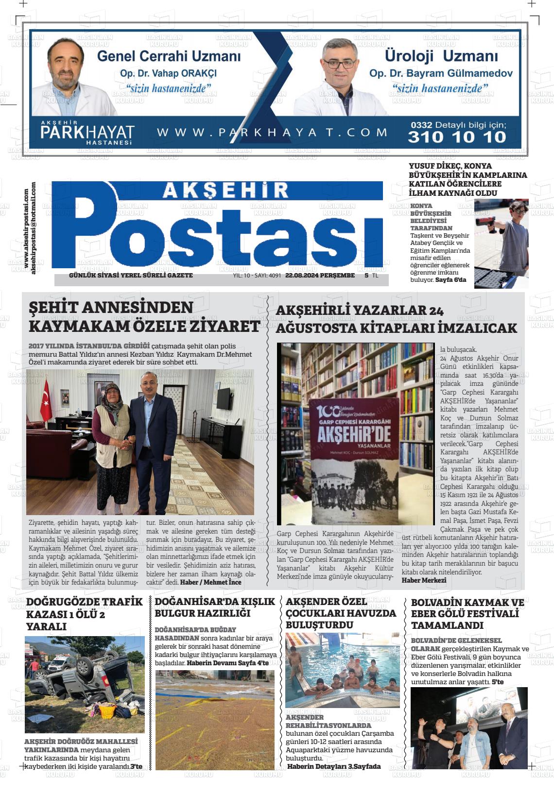 22 Ağustos 2024 Akşehir Postasi Gazete Manşeti