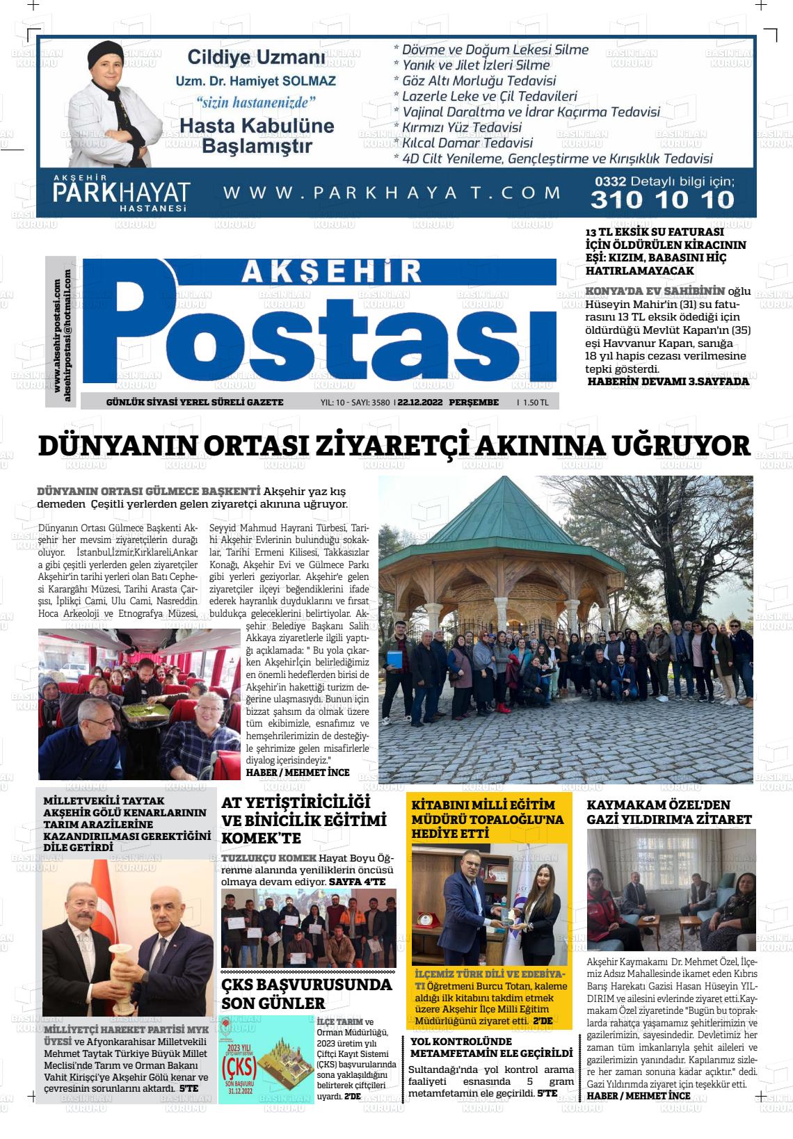 22 Aralık 2022 Akşehir Postasi Gazete Manşeti