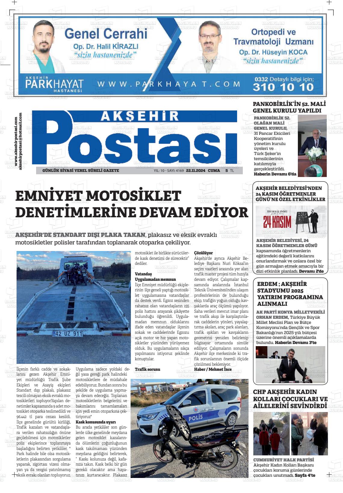 22 Kasım 2024 Akşehir Postasi Gazete Manşeti