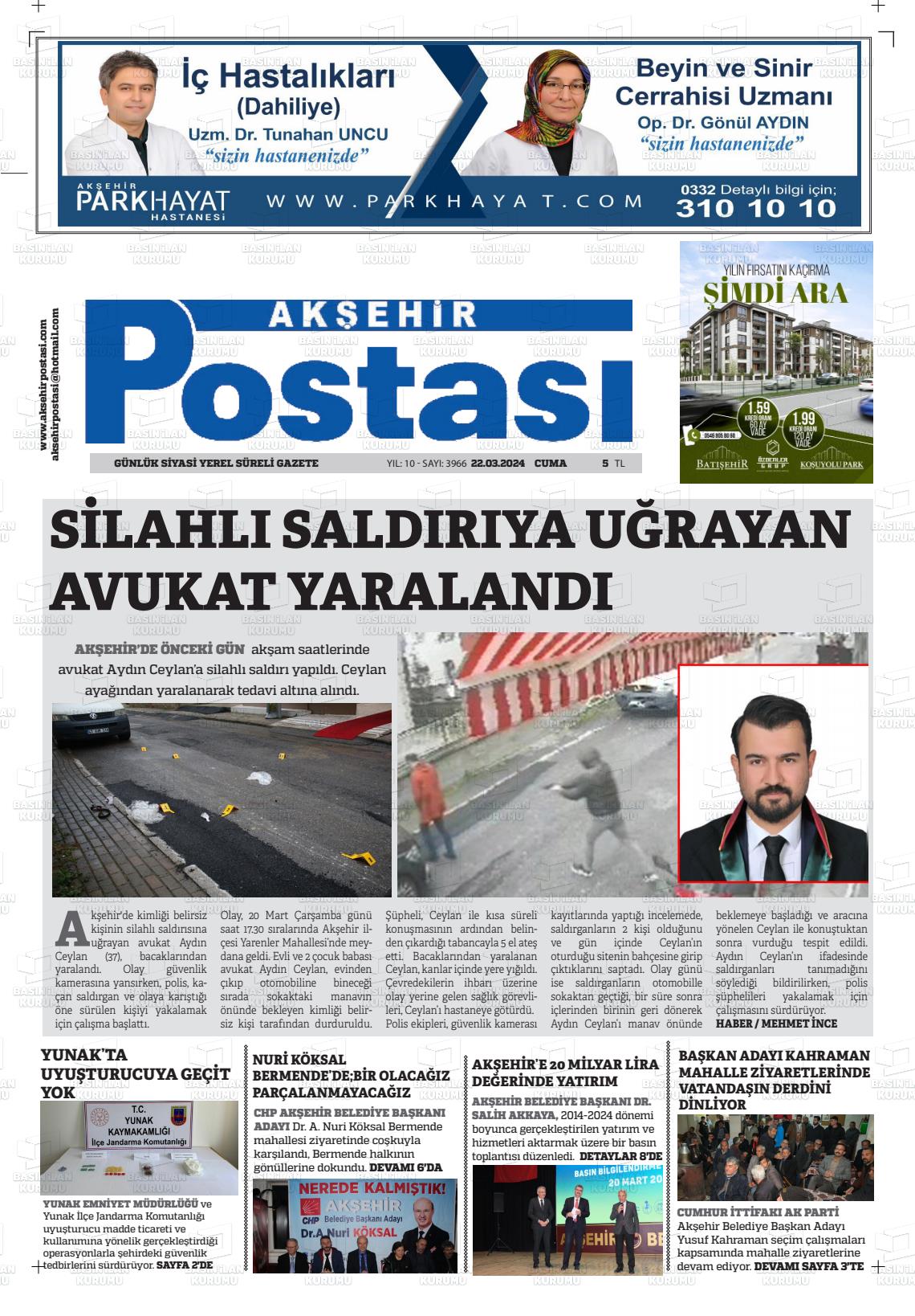 22 Mart 2024 Akşehir Postasi Gazete Manşeti