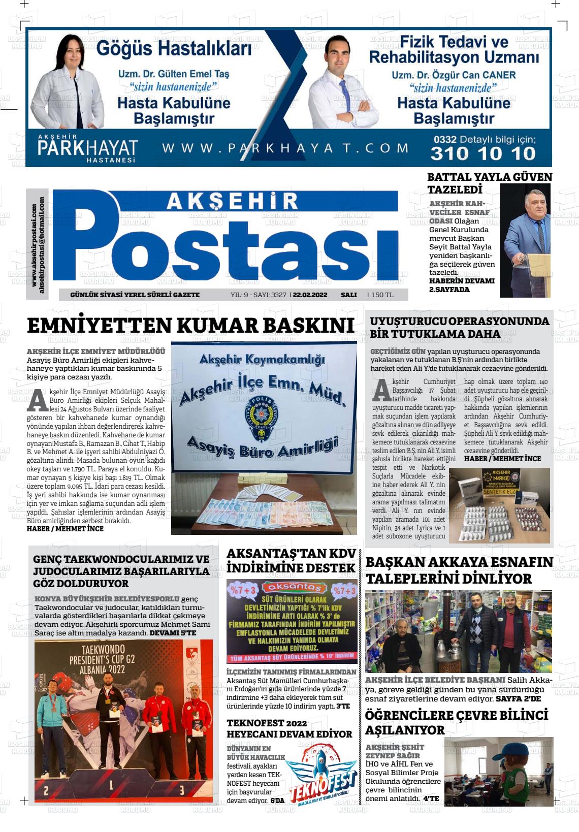 22 Şubat 2022 Akşehir Postasi Gazete Manşeti