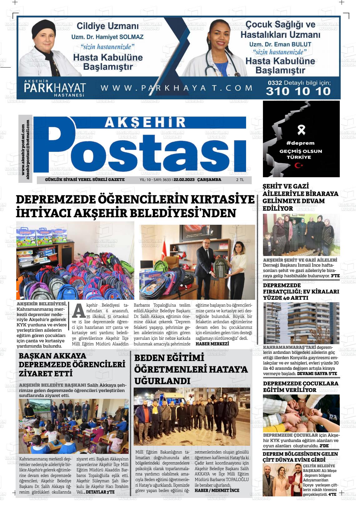 22 Nisan 2023 Akşehir Postasi Gazete Manşeti