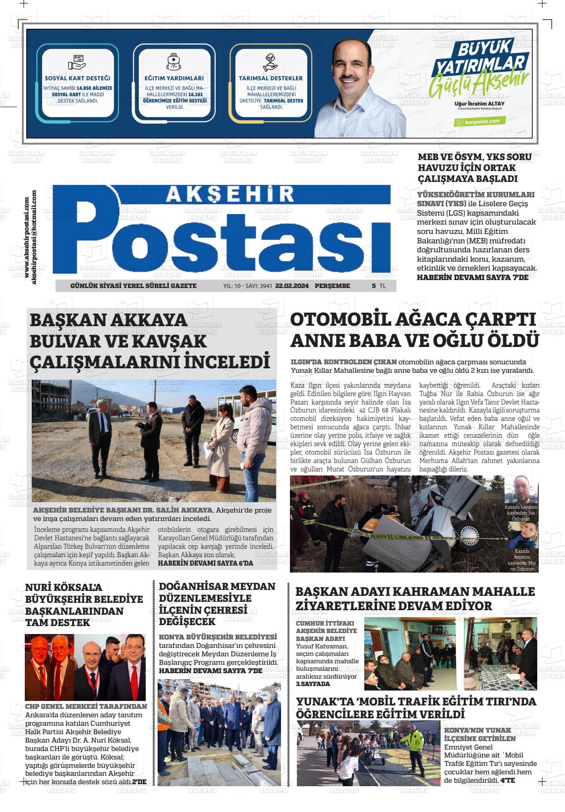 22 Şubat 2024 Akşehir Postasi Gazete Manşeti