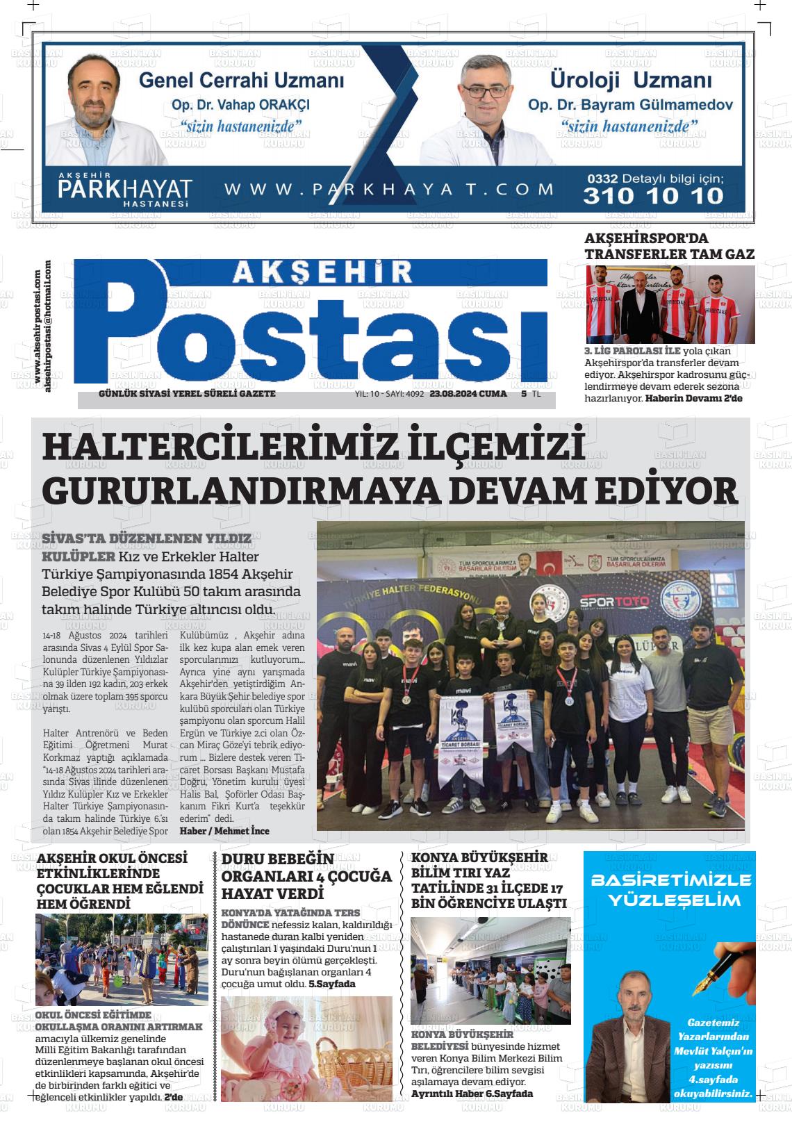 23 Ağustos 2024 Akşehir Postasi Gazete Manşeti