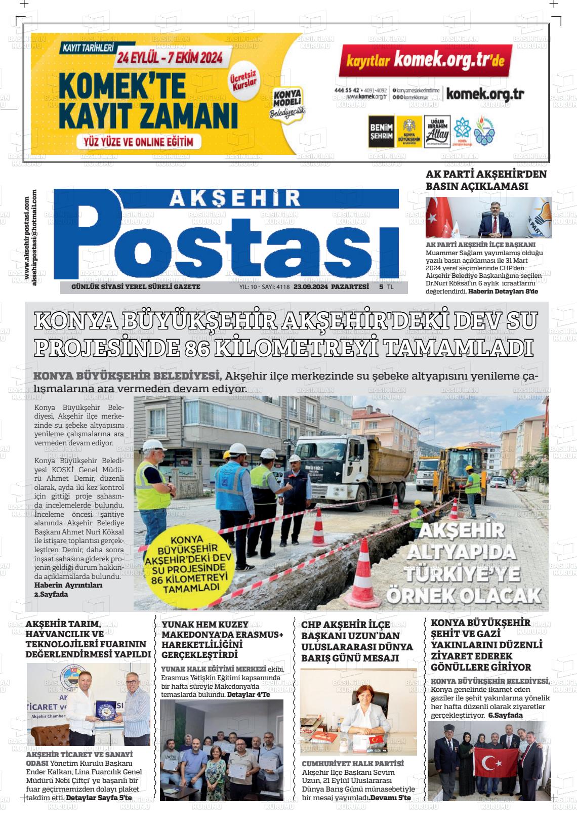 23 Eylül 2024 Akşehir Postasi Gazete Manşeti