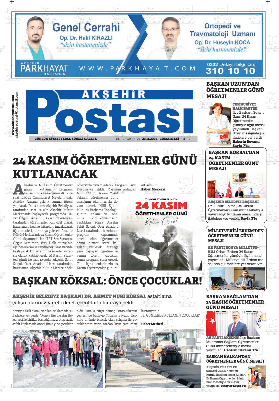 24 Kasım 2024 Akşehir Postasi Gazete Manşeti