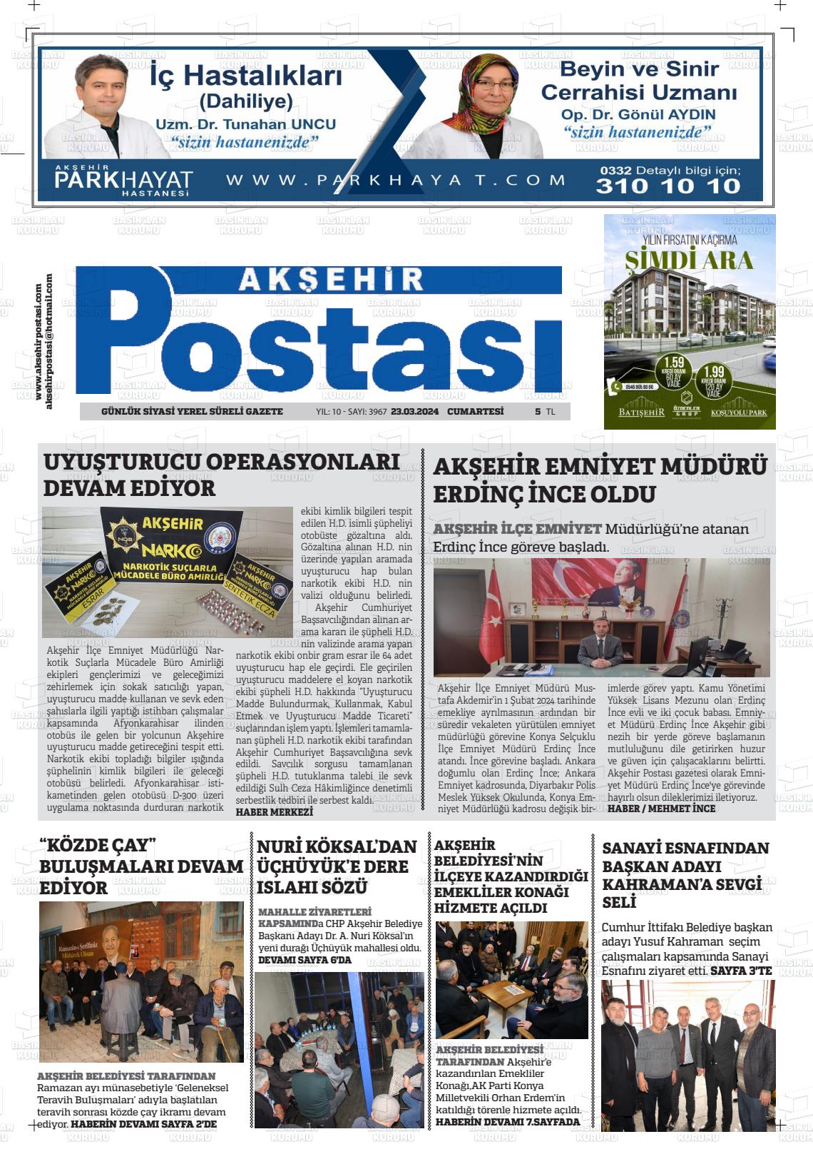 23 Mart 2024 Akşehir Postasi Gazete Manşeti