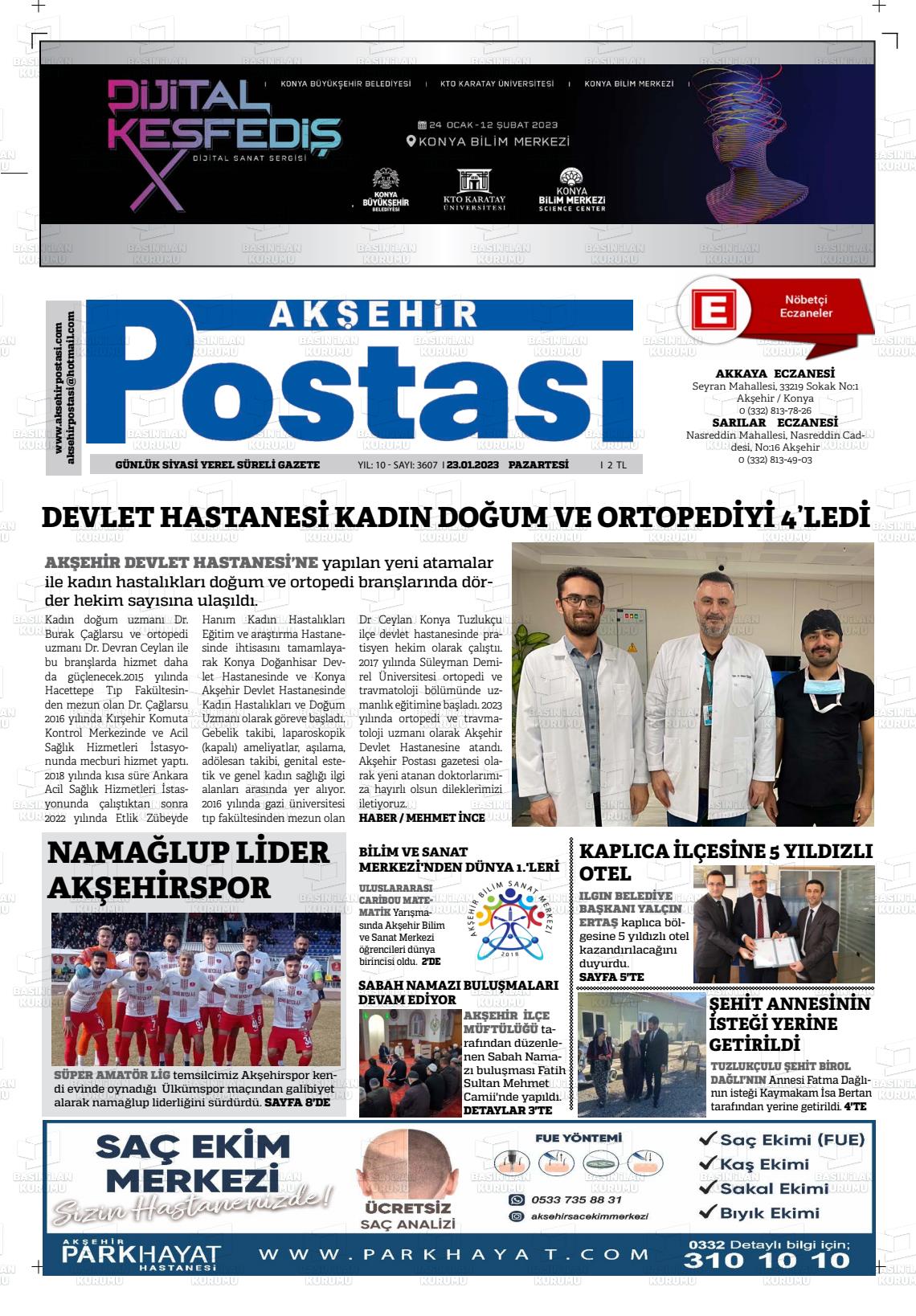 23 Ocak 2023 Akşehir Postasi Gazete Manşeti