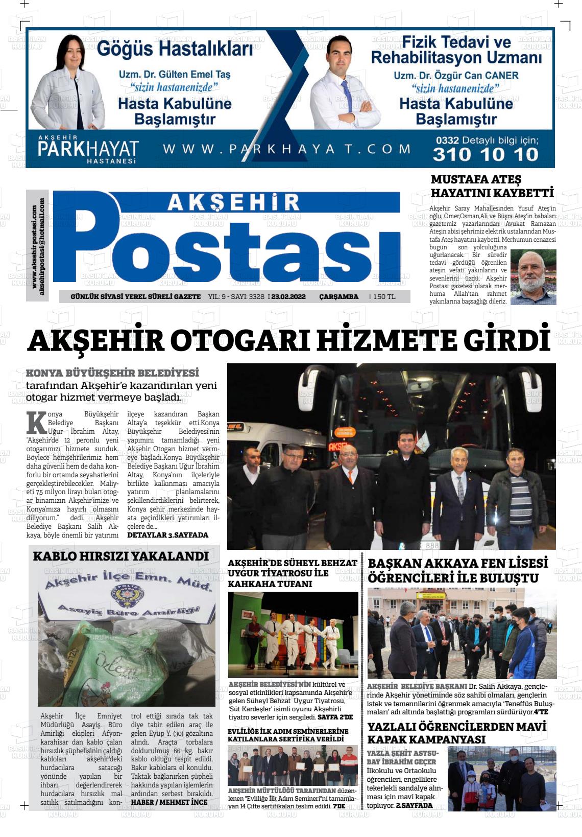 23 Şubat 2022 Akşehir Postasi Gazete Manşeti