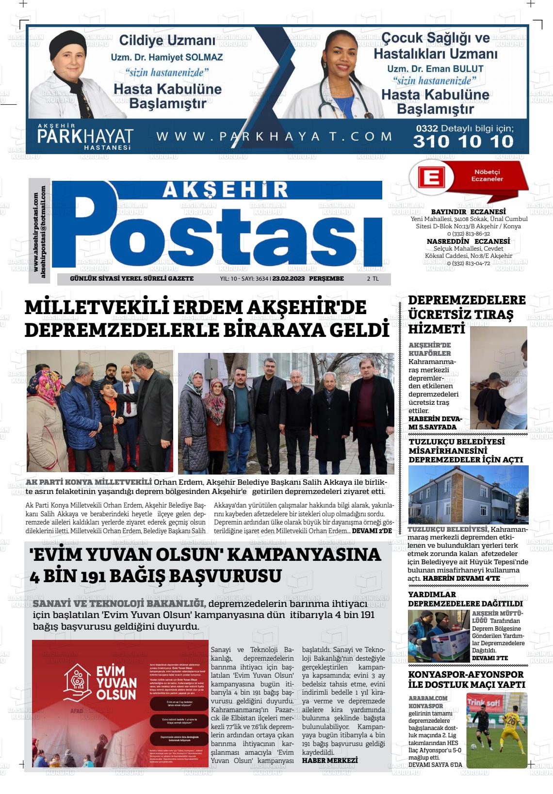 03 Mart 2023 Akşehir Postasi Gazete Manşeti