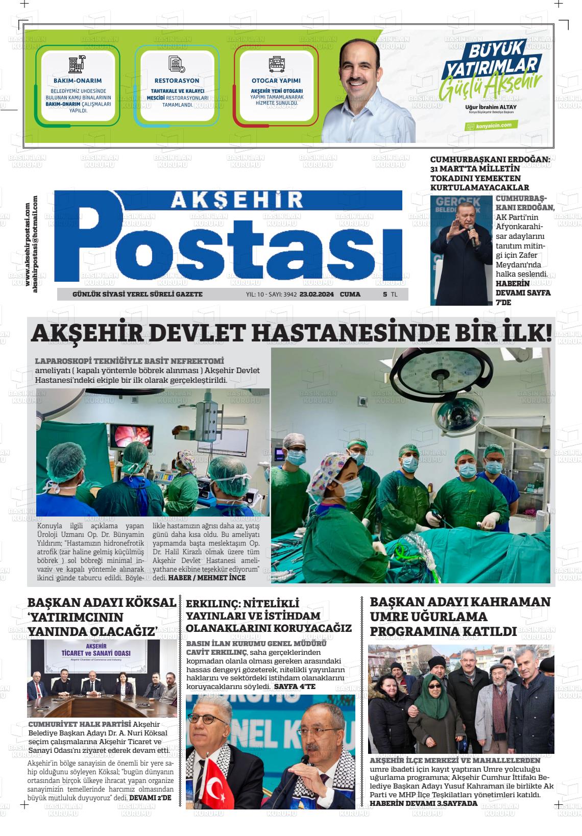 23 Şubat 2024 Akşehir Postasi Gazete Manşeti