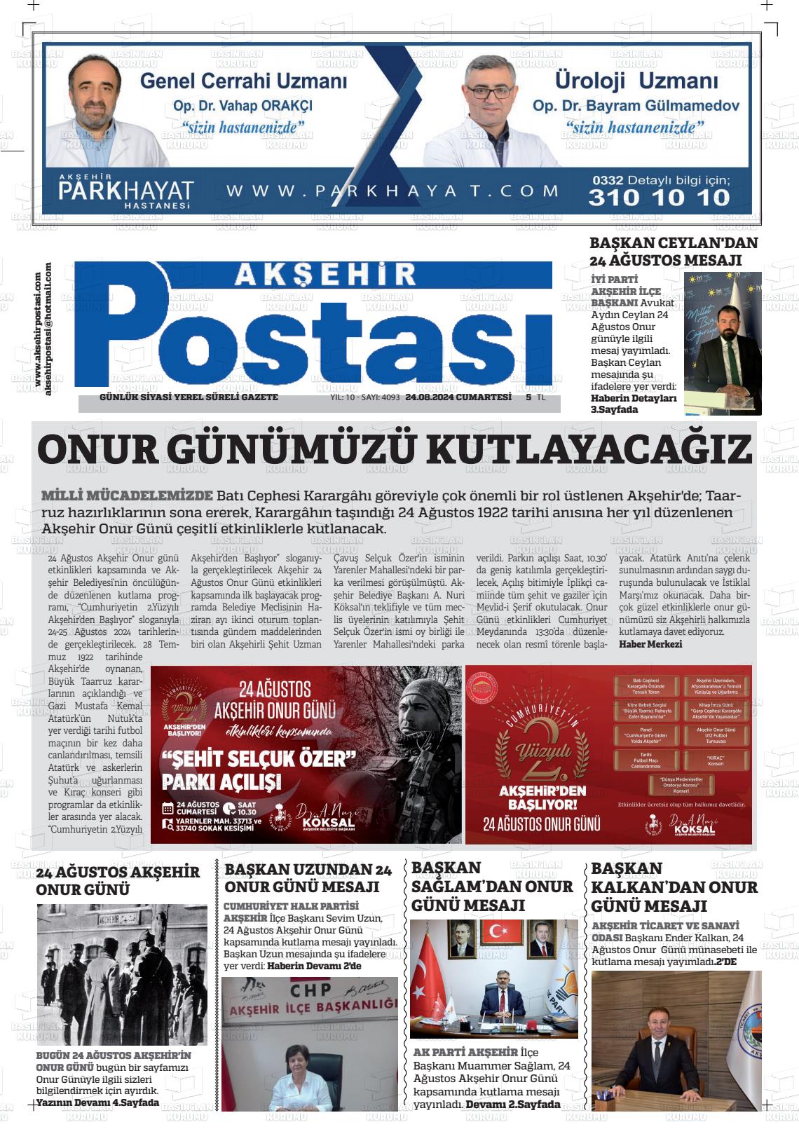 24 Ağustos 2024 Akşehir Postasi Gazete Manşeti