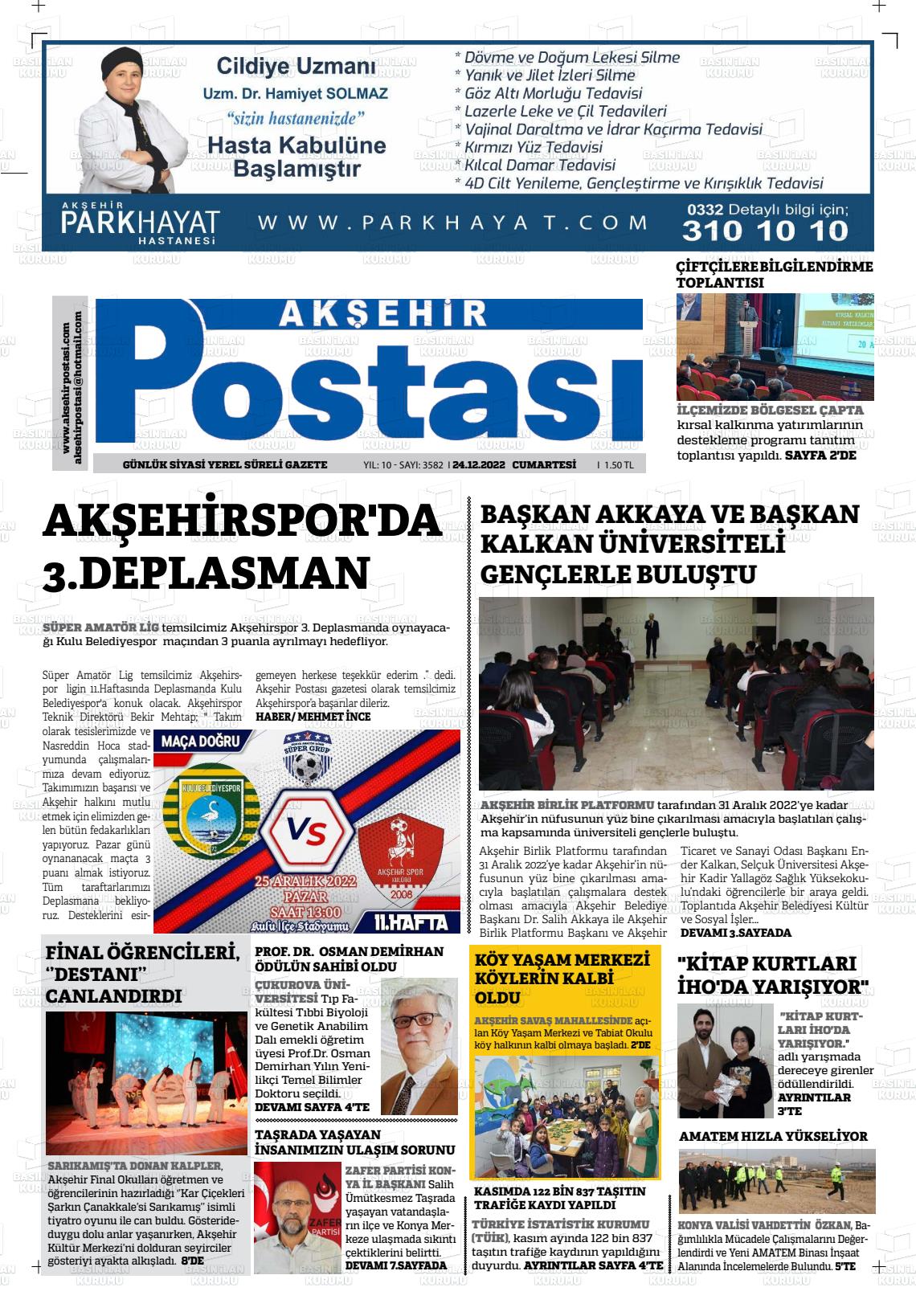 25 Aralık 2022 Akşehir Postasi Gazete Manşeti