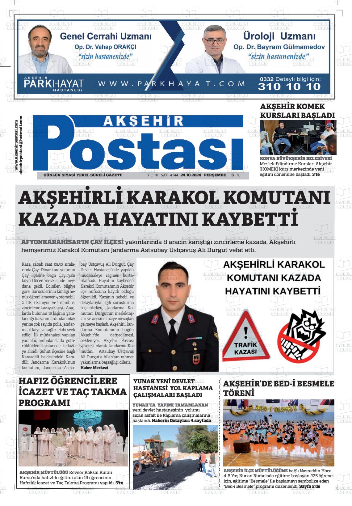 24 Ekim 2024 Akşehir Postasi Gazete Manşeti