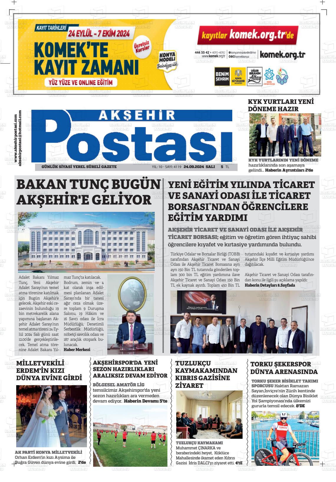 24 Eylül 2024 Akşehir Postasi Gazete Manşeti