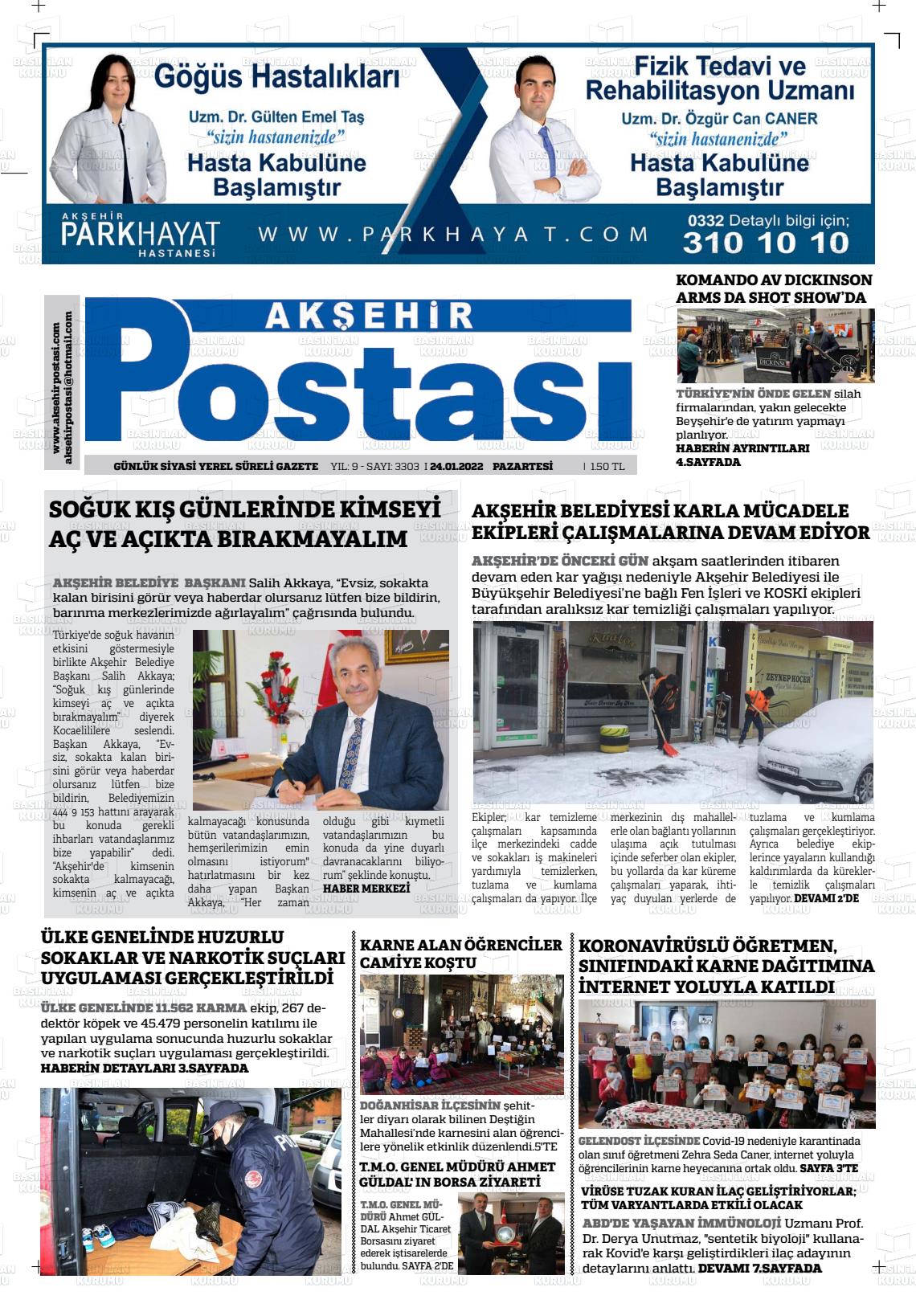 24 Ocak 2022 Akşehir Postasi Gazete Manşeti