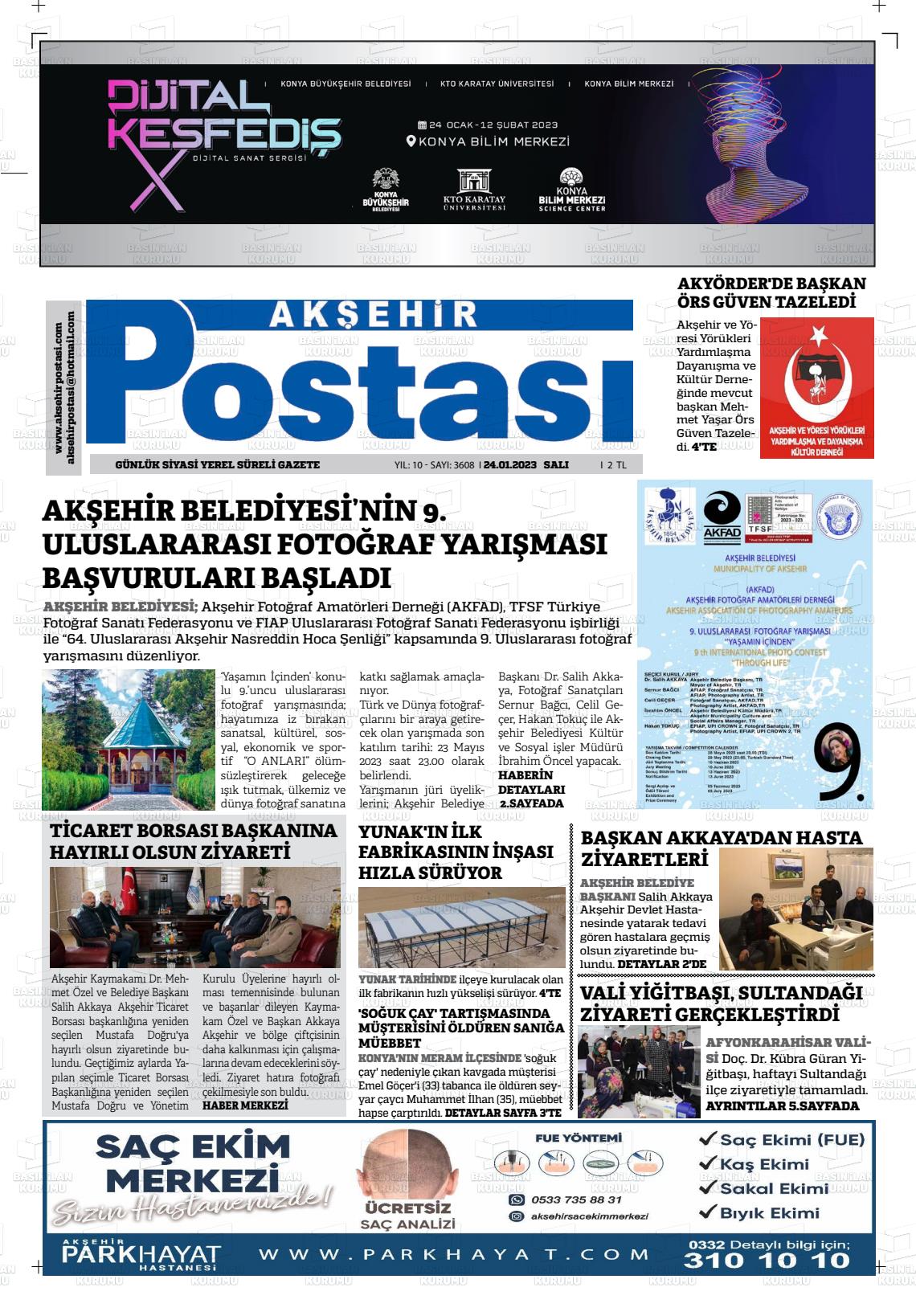 24 Ocak 2023 Akşehir Postasi Gazete Manşeti