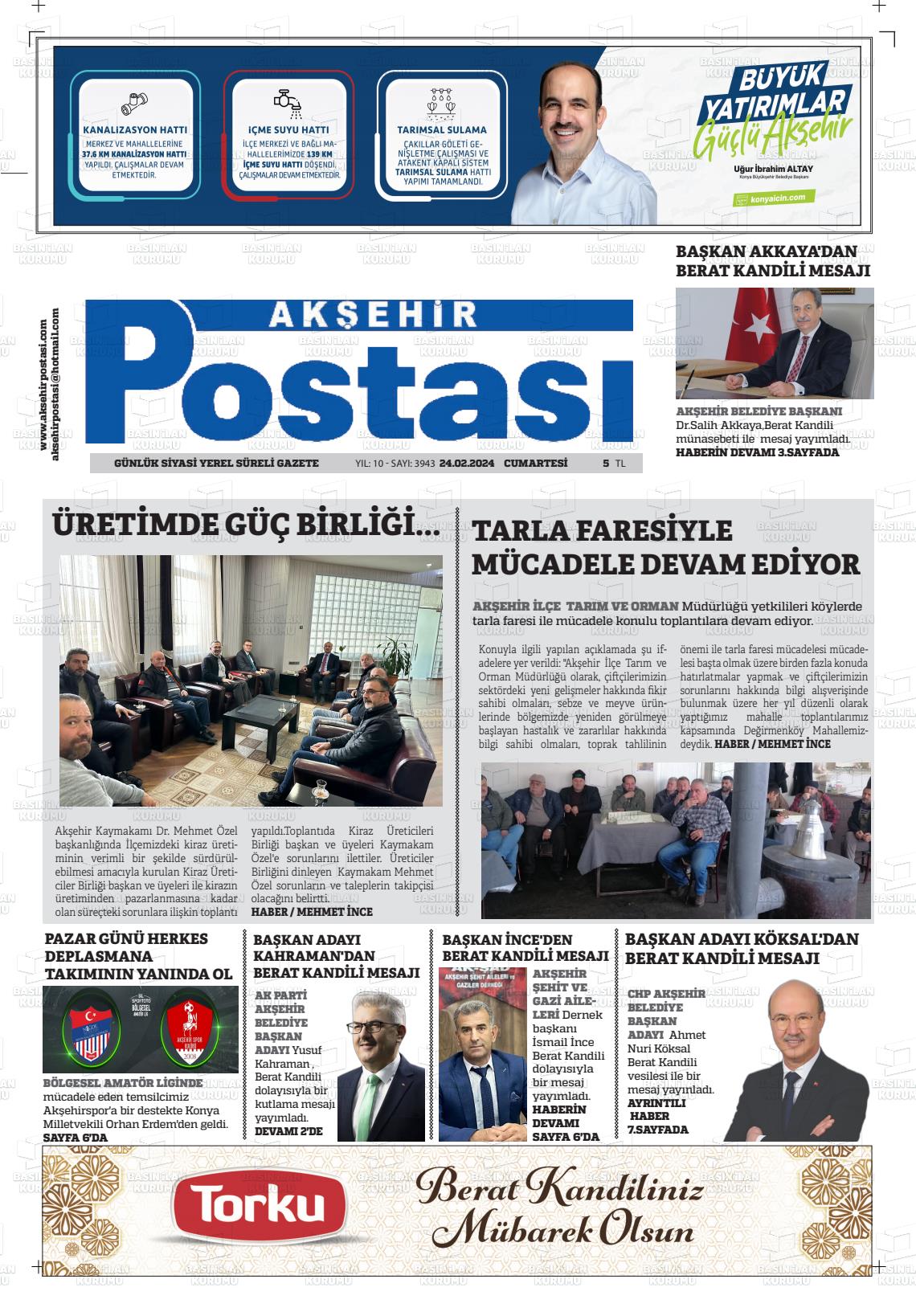 24 Şubat 2024 Akşehir Postasi Gazete Manşeti