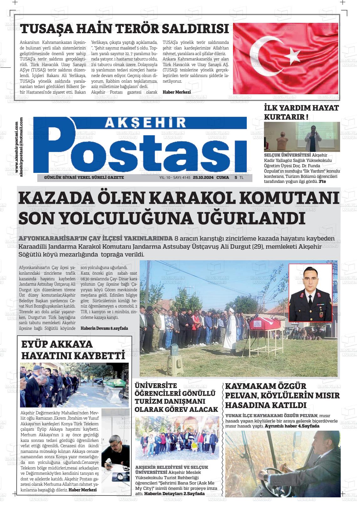 25 Ekim 2024 Akşehir Postasi Gazete Manşeti