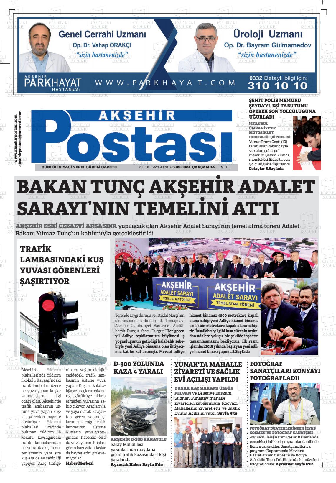 25 Eylül 2024 Akşehir Postasi Gazete Manşeti